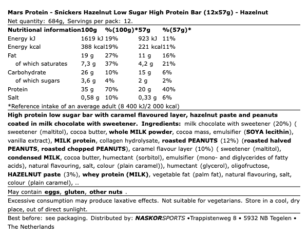 Snickers Hazelnut Low Sugar High Protein Bar (12x57g)